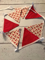 Handmade Christmas Bunting Red stars, red reindeer  on white  tape