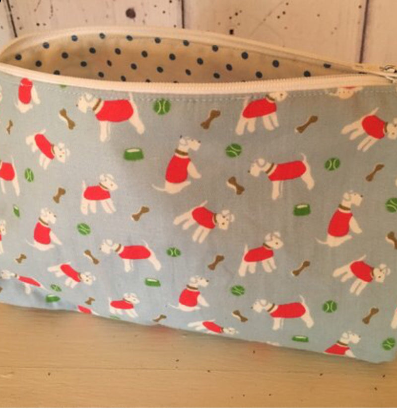Handmade make up bag in Cath Kidston Stanley fabric with spotty lining