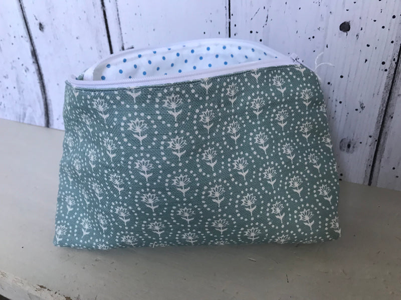 Handmade Make up bag in Olive and Daisy Daisy fabric with a pretty Cabbages and Roses Spotty lining