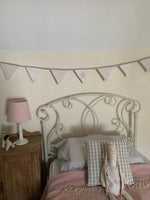 Handmade Bunting, in Peony and Sage Big Star, tiny Stars and Stripes in pink icing on white Linen