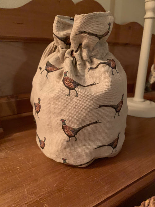 Handmade drawstring wash bag in Flohr &Co Pheasant  waterproof lining