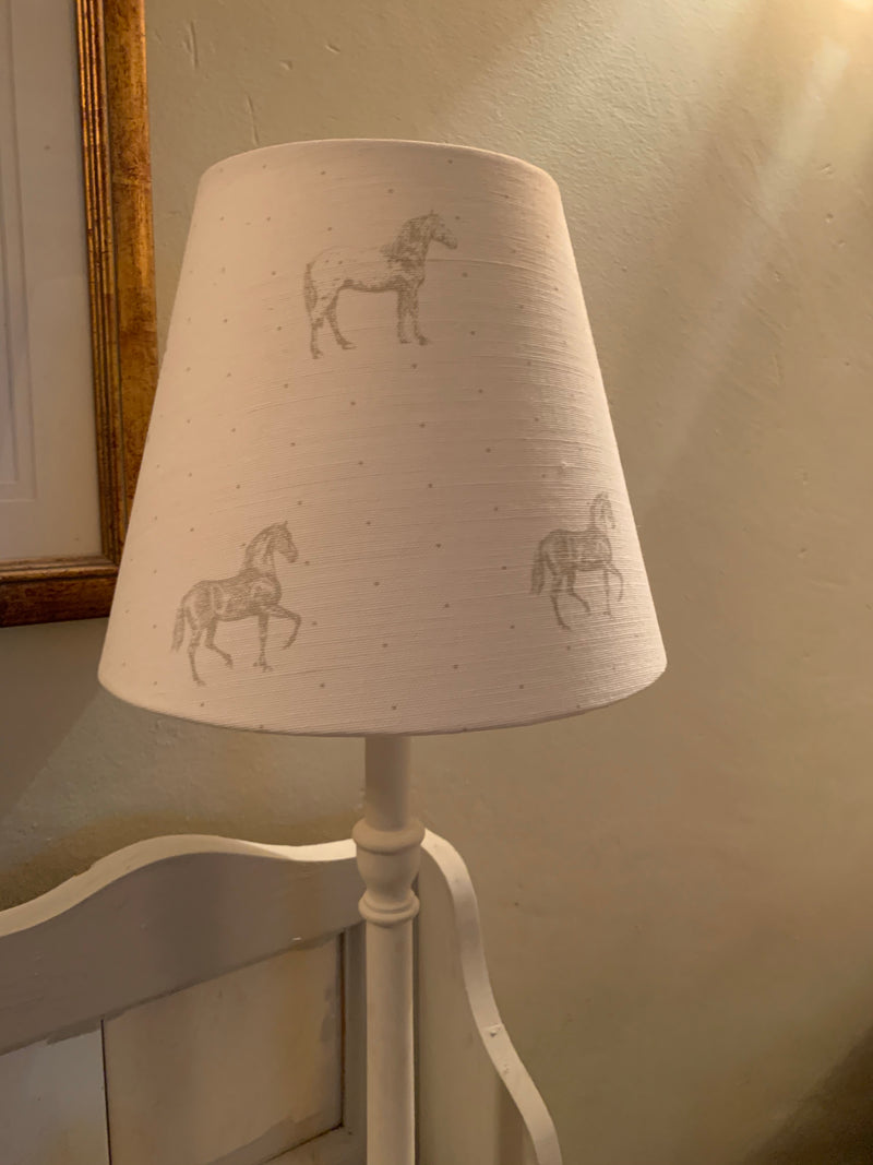 Beautiful tapered lampshade in Light bay horses on white Linen by Meg Morton