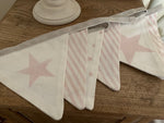 Handmade Bunting, in Peony and Sage Big Star, tiny Stars and Stripes in pink icing on white Linen