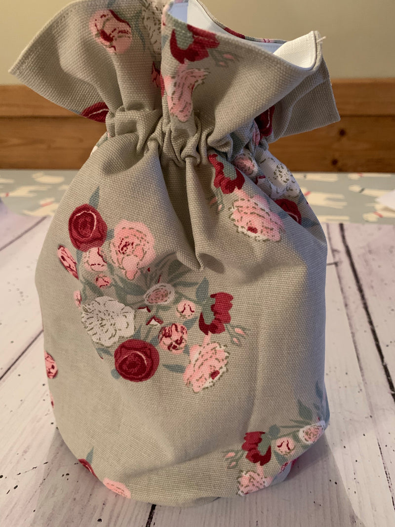 Handmade drawstring wash bag  in Sophie Allport ‘Peony’ with waterproof lining