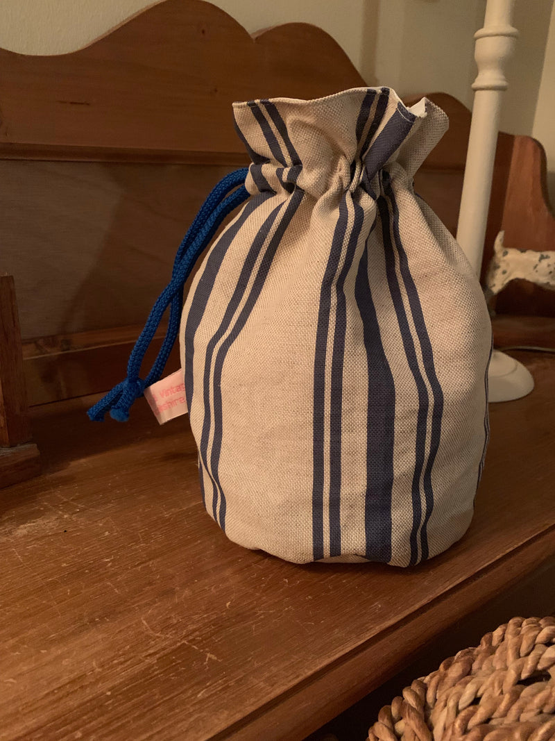 Handmade drawstring Wash bag in Dorset stripe  by Meg Morton waterproof lining